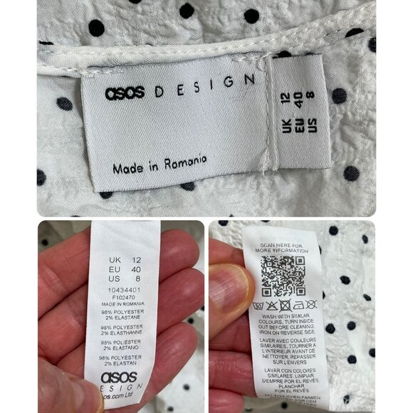 ASOS Design White Polka Dot Midi Dress Puff Sleeve V-Neck Size 8 - Picture 9 of 11